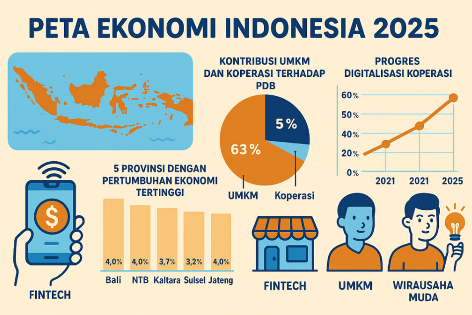 Ilustrasi Berita Ekonomi Indonesia 2025 menampilkan aktivitas bisnis dan pertumbuhan ekonomi nasional