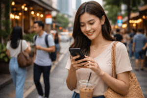 Ilustrasi kehidupan masyarakat Indonesia modern dengan teknologi digital dan aktivitas urban.