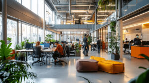 startup teknologi Indonesia dengan tim bekerja menggunakan laptop di kantor modern